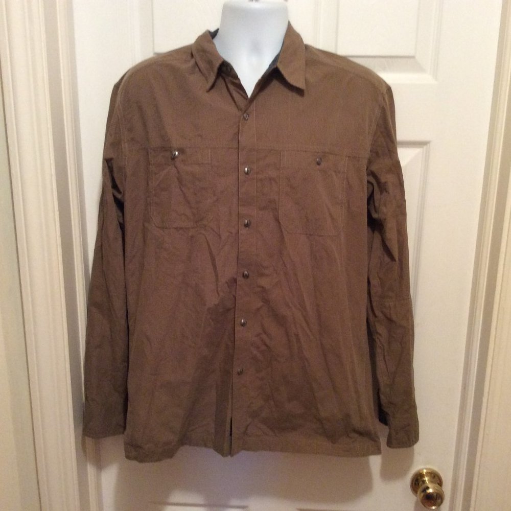 Kuhl Men's Shirt L Olive Green-Brown Pincheck Button Front Long Sleeve